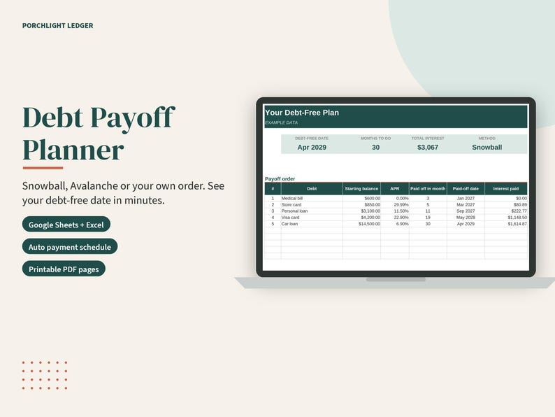 May include: A digital debt payoff planner displayed on a laptop screen, featuring a dark green header with the text Your Debt-Free Plan. The spreadsheet includes columns for debt, starting balance, APR, payoff month, date, and interest paid.
