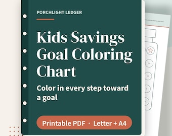 Tabla de objetivos de ahorro para niños, registro de ahorros para colorear con hitos, bote de ahorros y ruta de objetivos para niños de 6 a 9 años, PDF imprimible