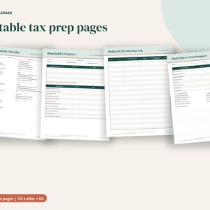 Puede incluir: Cuatro p&aacute;ginas imprimibles de preparaci&oacute;n de impuestos tituladas Porchlight Ledger, Tax Document Checklist, Household & Preparer, Medical & HSA Receipt Log y Hand This to Your Preparer. Los documentos blancos tienen encabezados verdes.