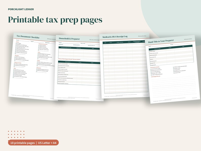 Puede incluir: Cuatro p&aacute;ginas imprimibles de preparaci&oacute;n de impuestos tituladas Porchlight Ledger, Tax Document Checklist, Household & Preparer, Medical & HSA Receipt Log y Hand This to Your Preparer. Los documentos blancos tienen encabezados verdes.