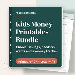 Paquete de imprimibles sobre dinero para niños: tabla de tareas, tabla de objetivos de ahorro, juego de necesidades vs. deseos y registro semanal de dinero para niños de 6 a 9 años (PDF). imagen 1