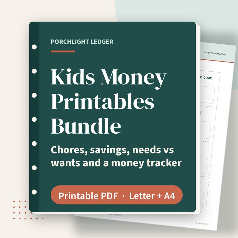 Paquete de imprimibles sobre dinero para niños: tabla de tareas, tabla de objetivos de ahorro, juego de necesidades vs. deseos y registro semanal de dinero para niños de 6 a 9 años (PDF). imagen 1
