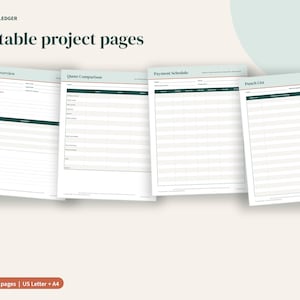 May include: Four printable project pages titled Porchlight Ledger, including Project Overview, Quote Comparison, Payment Schedule, and Punch List. Each white page features dark green headers, thin lines, and red accents for organized project tracking.