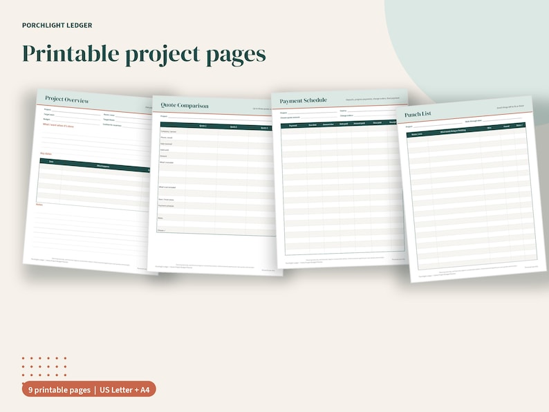 May include: Four printable project pages titled Porchlight Ledger, including Project Overview, Quote Comparison, Payment Schedule, and Punch List. Each white page features dark green headers, thin lines, and red accents for organized project tracking.