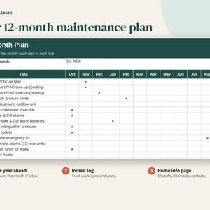 Home Maintenance Schedule Spreadsheet, Seasonal Checklist and Repair Log, Google Sheets, Excel, Printable PDF image 4