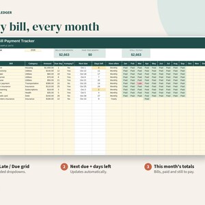 May include: A digital bill payment tracker spreadsheet with a dark green header and light yellow grid. The document includes columns for bill names, categories, amounts, due dates, and monthly payment status. Text includes Porchlight Ledger, Every bill, every month, Bill Payment Tracker, and labels for paid, late, and due status.