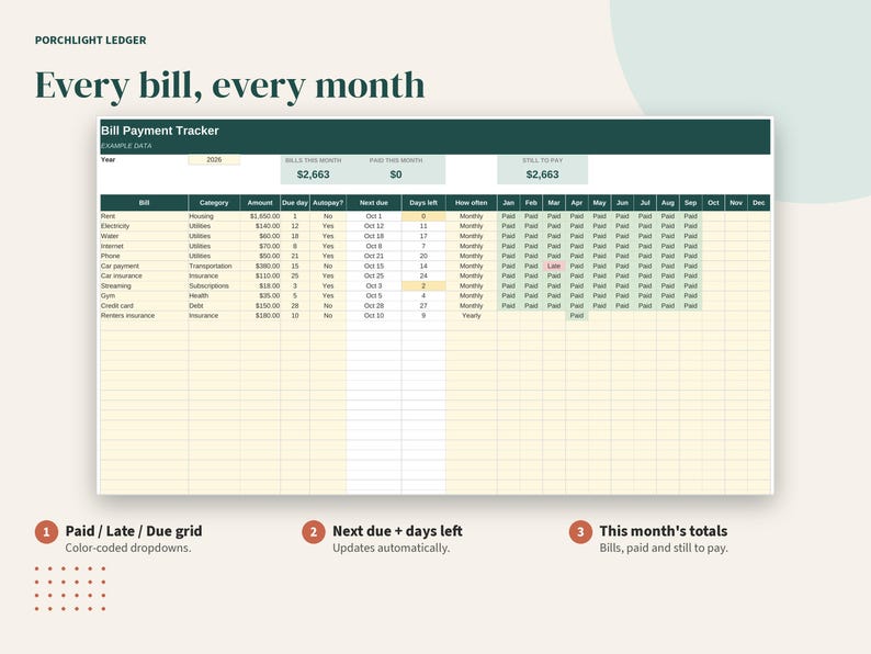 May include: A digital bill payment tracker spreadsheet with a dark green header and light yellow grid. The document includes columns for bill names, categories, amounts, due dates, and monthly payment status. Text includes Porchlight Ledger, Every bill, every month, Bill Payment Tracker, and labels for paid, late, and due status.