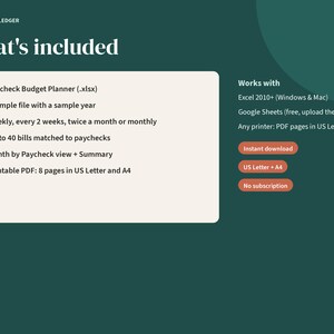 May include: A digital product information graphic titled Porchlight Ledger What's included. It lists features like a Paycheck Budget Planner, sample file, bill tracking, and printable PDF pages in A4 size on a dark green background.