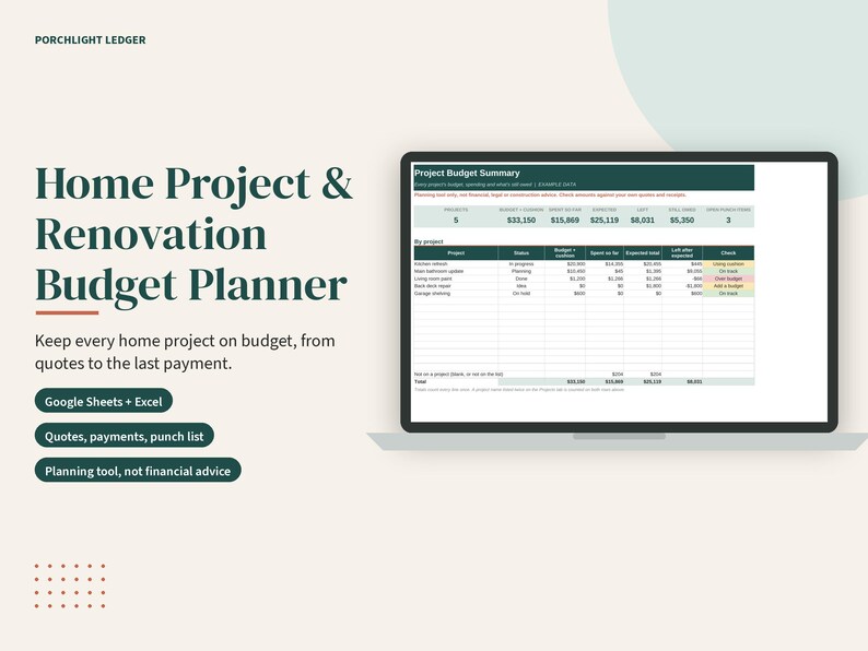 May include: A digital home project and renovation budget planner displayed on a laptop screen. The interface shows a project budget summary table with columns for status, budget, expenses, and totals. Text includes Porchlight Ledger.
