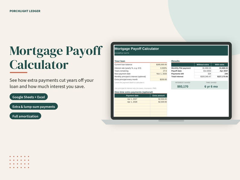 May include: A digital Mortgage Payoff Calculator spreadsheet displayed on a laptop screen. The interface features fields for loan balance, interest rate, and extra payments, with results showing interest and time saved. Text includes Porchlight Ledger.