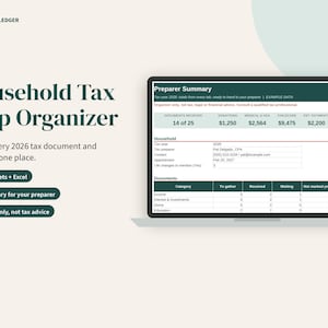 Puede incluir: Un organizador digital de preparaci&oacute;n de impuestos dom&eacute;sticos en la pantalla de una computadora port&aacute;til, que muestra una tabla de resumen del preparador con columnas para donaciones, gastos m&eacute;dicos, cuidado infantil e ingresos.