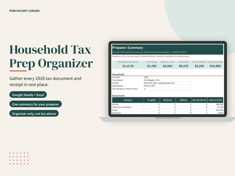 Puede incluir: Un organizador digital de preparaci&oacute;n de impuestos dom&eacute;sticos en la pantalla de una computadora port&aacute;til, que muestra una tabla de resumen del preparador con columnas para donaciones, gastos m&eacute;dicos, cuidado infantil e ingresos.