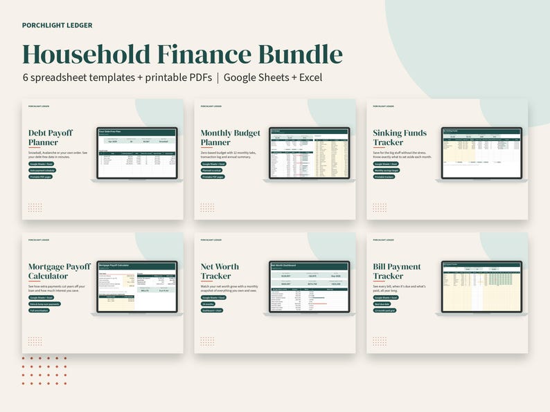 Budget Spreadsheet Bundle, Debt Payoff, Sinking Funds, Mortgage, Net Worth & Bill Trackers, Google Sheets, Excel image 1