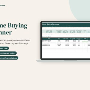 May include: A digital Home Buying Planner displayed on a laptop screen, featuring a spreadsheet with columns for home status, price, monthly costs, and neighbourhood rankings. The interface includes text labels for Google Sheets and Excel compatibility.