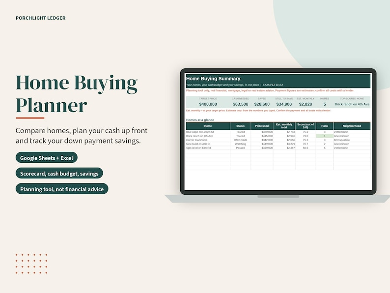 May include: A digital Home Buying Planner displayed on a laptop screen, featuring a spreadsheet with columns for home status, price, monthly costs, and neighbourhood rankings. The interface includes text labels for Google Sheets and Excel compatibility.