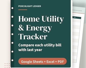 Tabellenkalkulation zur Erfassung von Energiekosten, Protokoll des Energieverbrauchs (kWh) im Haushalt, Google Sheets, Excel, druckbare PDF-Datei