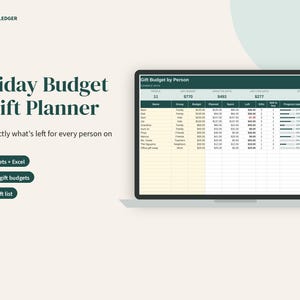 K&ouml;nnte beinhalten: Eine digitale Holiday Budget & Gift Planner Tabellenkalkulation auf einem Laptop-Bildschirm. Die Benutzeroberfl&auml;che enth&auml;lt Spalten f&uuml;r Personen, Budgets, geplante und ausgegebene Betr&auml;ge, Geschenke und Fortschrittsbalken. Text: Porchlight Ledger, Google Sheets + Excel.