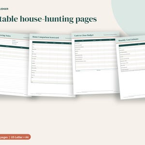 May include: Four printable house-hunting pages titled Porchlight Ledger, including Home Showing Notes, Home Comparison Scorecard, Cash to Close Budget, and Monthly Cost Estimate. The documents feature dark green headers and white paper backgrounds.