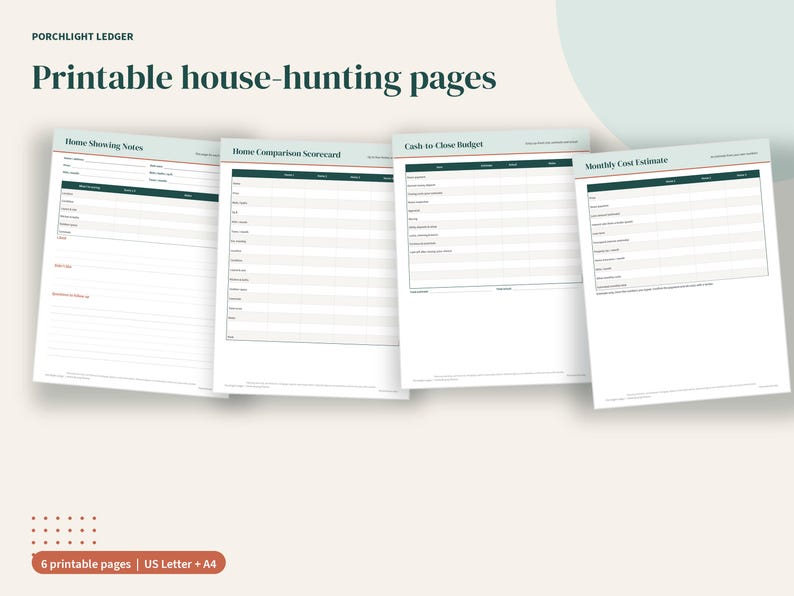 May include: Four printable house-hunting pages titled Porchlight Ledger, including Home Showing Notes, Home Comparison Scorecard, Cash to Close Budget, and Monthly Cost Estimate. The documents feature dark green headers and white paper backgrounds.