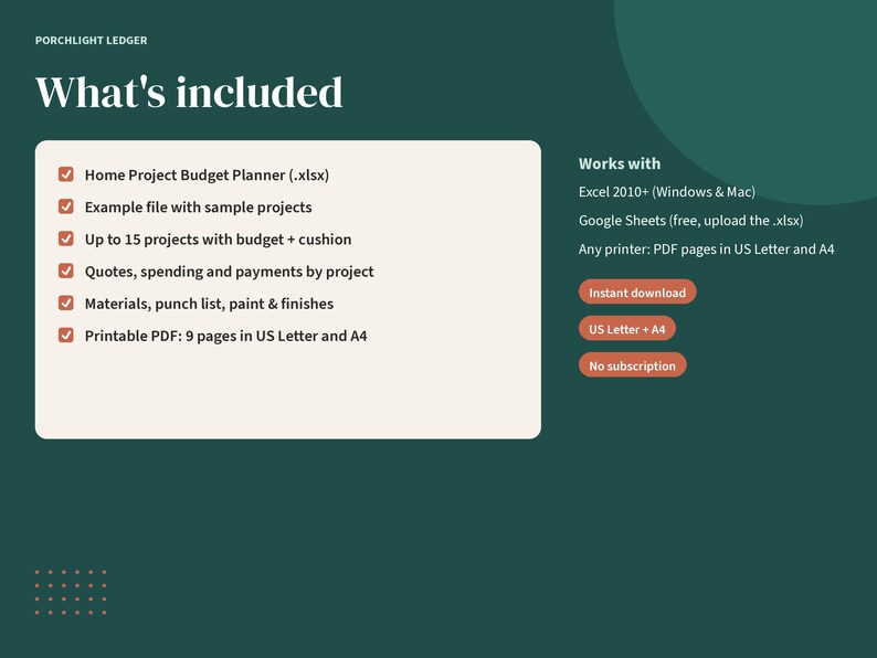 May include: A digital Porchlight Ledger home project budget planner infographic on a dark green background. It lists features including a Home Project Budget Planner .xlsx file, sample projects, 15 project slots, quotes, spending, materials, and a 9-page printable PDF.