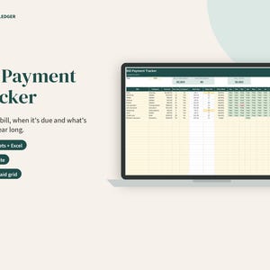 May include: A digital bill payment tracker spreadsheet displayed on a laptop screen. The interface features columns for bill names, categories, amounts, due dates, and a 12-month payment grid. Text includes Porchlight Ledger, Bill Payment Tracker, Google Sheets + Excel, Next due date, and 12-month paid grid.