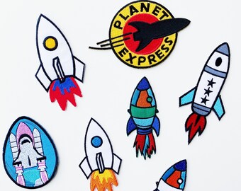 Planet express adventure embroidery iron on series // Fly me to the moon Rocket Launcher Spaceship Pop culture Saturn NASA Futurama DIYbadge