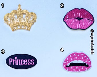 Girly Pink Lips Princess Crown King Queen Gold Smooch Kiss Love Galentines Valentine embroidered Iron on Patch