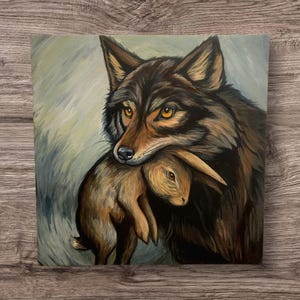 Wolf and Rabbit Acrylic Painting: Moody Wildlife Art on Canvas