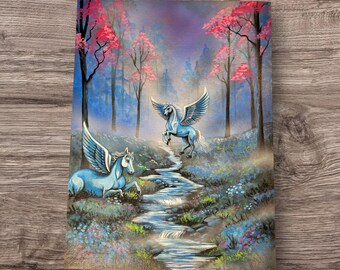 Pégase en fleurs | Peinture acrylique originale 12 x 16 | Art mural créature magique