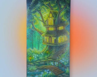 Cuadro de casa del árbol encantada 10x20 Arte original Cabaña en el bosque de fantasía Paisaje a la luz de la luna Ventanas brillantes Decoración caprichosa para el hogar
