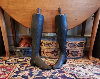 Pair of Antique Black Painted Wood Boot Molds Cobler Made Primitive Antique