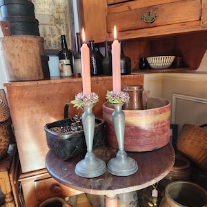 Pair of 19thC Pewter Candle Sticks Primitive Antique