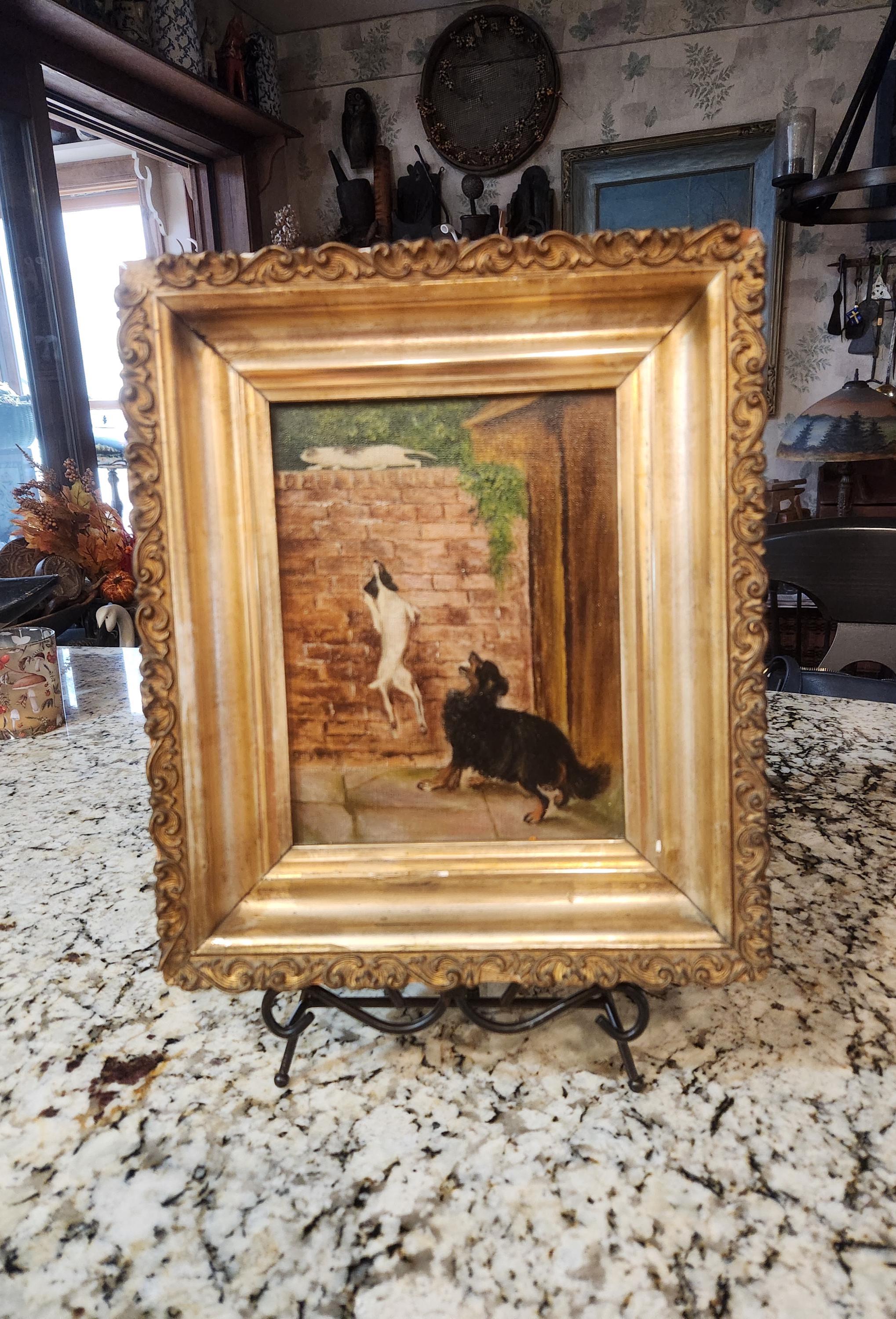 Antique dog painting gold frame - Etsy 日本