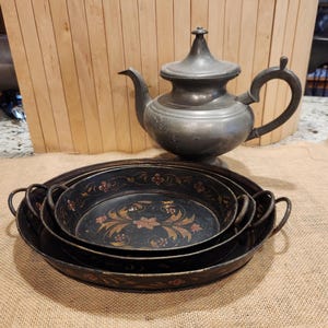 Antique 3 Stacked Toleware Painted Trays Primitive Antique