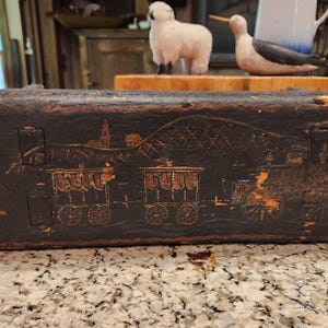 Vroege volkskunst circus geschilderde cricketbankkruk primitief antiek