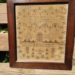 Antiker 1836 Signierter Sampler Mit Haus Primitiver Antiker