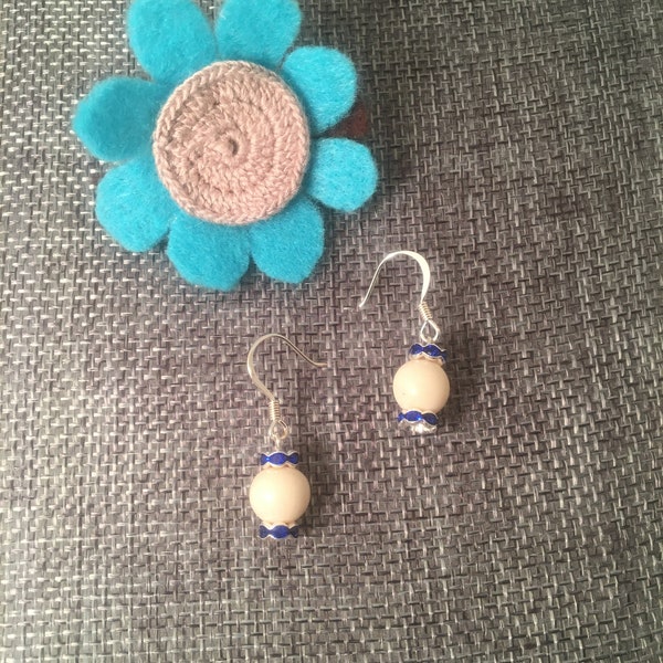 White Tagua (Acai beads) with blue rondelles, 3/4" earrings