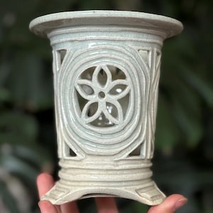 3&quot; Handmade Light Blue White Grey Glazed Ceramic Flower Fuukiran Wind Orchid Neofinetia Carved Pottery Planter Pot with Holes