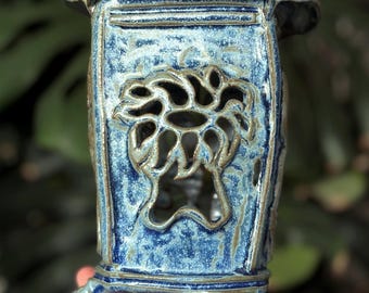 Hand Carved Ceramic Orchid Planter: Blue Green Glazed Pottery