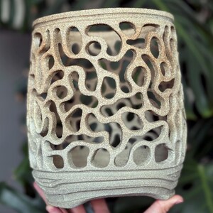 Peut inclure: Un récipient décoratif cylindrique beige avec un design ajouré complexe. Le récipient a une surface texturée et une série de formes organiques interconnectées découpées sur les côtés. La base présente un motif nervuré. Le récipient est tenu par une main.