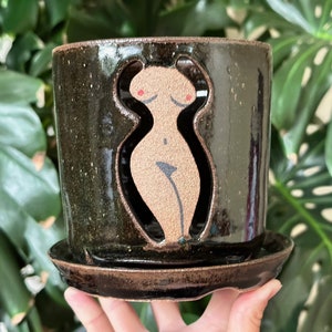 Woman Body Black Brown Orchid Planter Pot with Holes and Optional Saucer