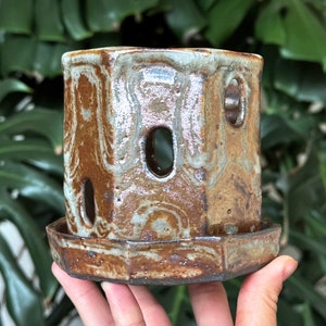 Metallic Shino White Gold Copper Grey Faceted Marbled Agateware Ceramic Stoneware Orchid Planter Pot with Holes and Saucer