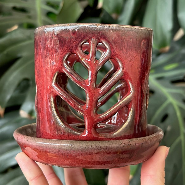 Square Red White Grey Ceramic Orchid Planter with Leaf Holes and Optional Saucer