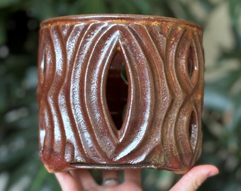 6" Handmade Carved Metallic Red Brown Ceramic Pottery Orchid Planter Pot with Holes