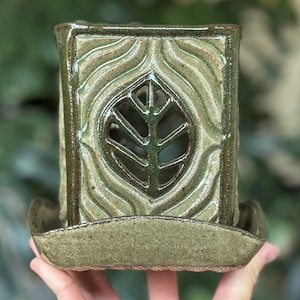 Green Square Carved Ceramic Orchid Planter with Leaf Motif, Holes and Saucer