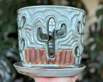 7” Handmade Carved Cactus Orchid Planter Pot with Saucer