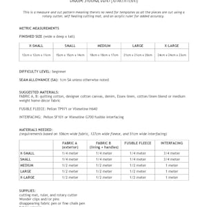 May include: A chart with instructions for making storage bins. The chart includes measurements for different sizes of bins, materials needed, and the amount of fabric required for each size. The chart is titled "Lagom Storage Bins (Sotak Patterns)".