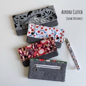 patrón de costura, Aurora Clutch, dos tamaños, descarga instantánea en pdf, billetera, pulsera, patrones sotak, costura, bolsa, bricolaje, correa de muñeca extraíble