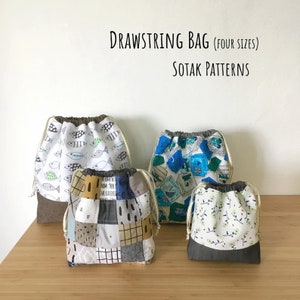 Drawstring Bag, PDF sewing pattern, instant download, four sizes, three styles, bag, project bag, sewing, knitting, sotak patterns, pattern