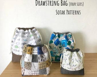 Drawstring Bag, PDF sewing pattern, instant download, four sizes, three styles, bag, project bag, sewing, knitting, sotak patterns, pattern